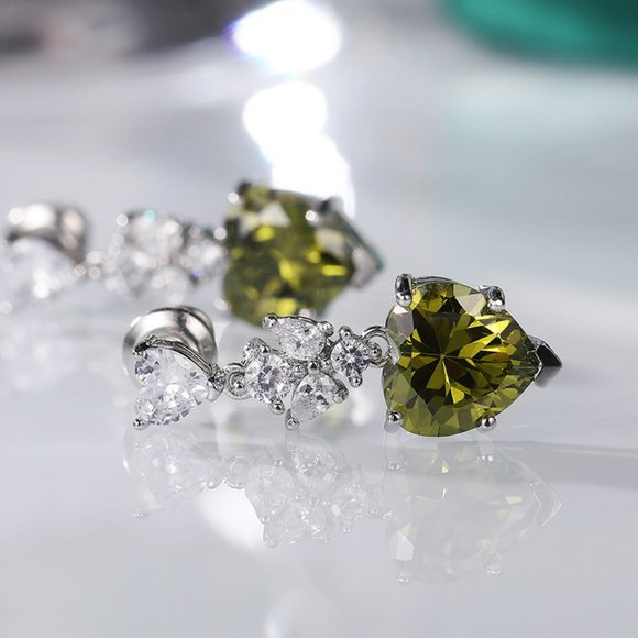 NEW Silver Green Peridot Diamond Drop Earrings - Picture 9 of 10